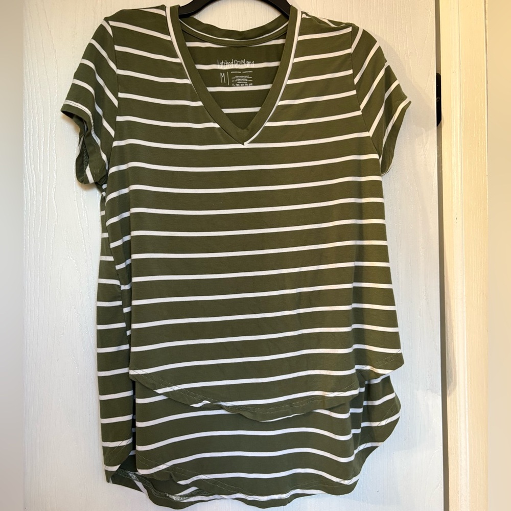 Latched Mama Olive and White Striped V-Neck Tee